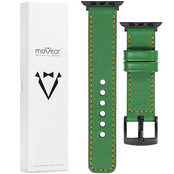 moVear Prestige C1 22mm Grün Lederarmband für Apple Watch 10 / 9 / 8 / 7 / 6 / 5 / 4 / SE (42/41/40mm) | Grün Nähte [Größen XS-XXL und Schnalle zur Auswahl]