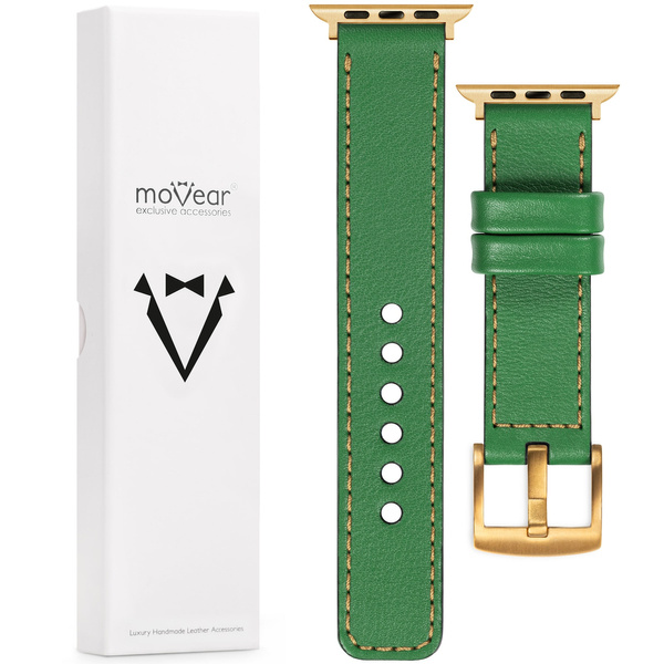 moVear Prestige C1 22mm Grün Lederarmband für Apple Watch 10 / 9 / 8 / 7 / 6 / 5 / 4 / SE (46/45/44mm) & Ultra (49mm) | Grün Nähte [Größen XS-XXL und Schnalle zur Auswahl]