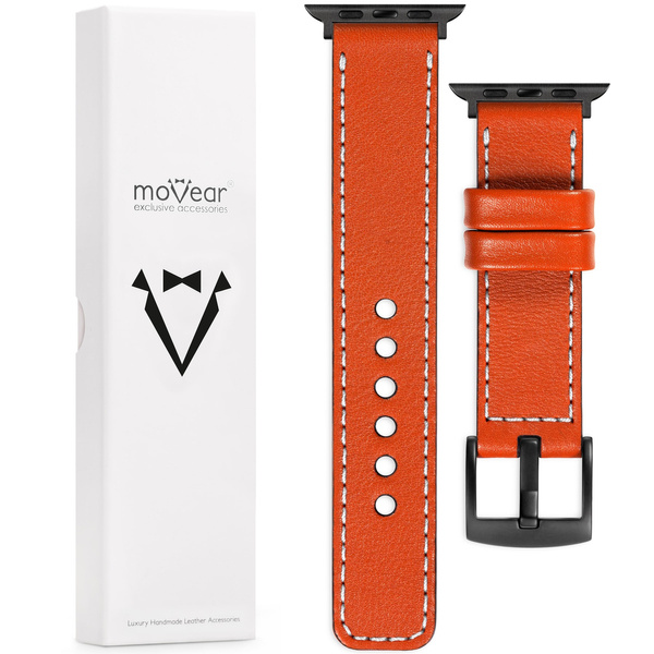 moVear Prestige C1 22mm Orange Lederarmband für Apple Watch 10 / 9 / 8 / 7 / 6 / 5 / 4 / SE (46/45/44mm) & Ultra (49mm) | Orange Nähte [Größen XS-XXL und Schnalle zur Auswahl]