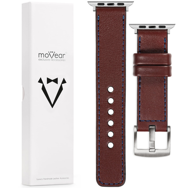 moVear Prestige C1 22mm Rotbraun Lederarmband für Apple Watch 10 / 9 / 8 / 7 / 6 / 5 / 4 / SE (42/41/40mm) | Rotbraun Nähte [Größen XS-XXL und Schnalle zur Auswahl]