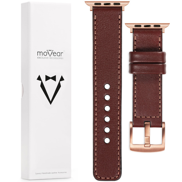 moVear Prestige C1 22mm Rotbraun Lederarmband für Apple Watch 10 / 9 / 8 / 7 / 6 / 5 / 4 / SE (42/41/40mm) | Rotbraun Nähte [Größen XS-XXL und Schnalle zur Auswahl]