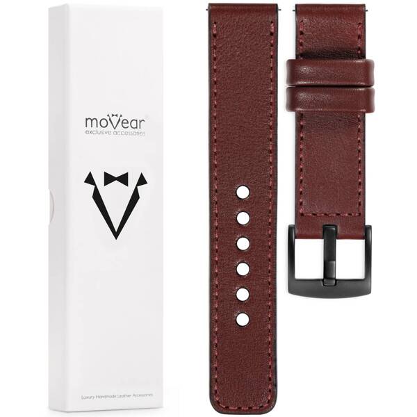 moVear Prestige C1 22mm Rotbraun Lederarmband für Samsung Galaxy Watch 3 (45mm) / Watch (46mm) / Gear S3 | Rotbraun Nähte [Größen XS-XXL und Schnalle zur Auswahl]