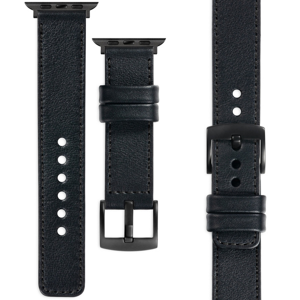 moVear Prestige C1 22mm Schwarz Lederarmband für Apple Watch 10 / 9 / 8 / 7 / 6 / 5 / 4 / SE (42/41/40mm) | Schwarz Nähte [Größen XS-XXL und Schnalle zur Auswahl]