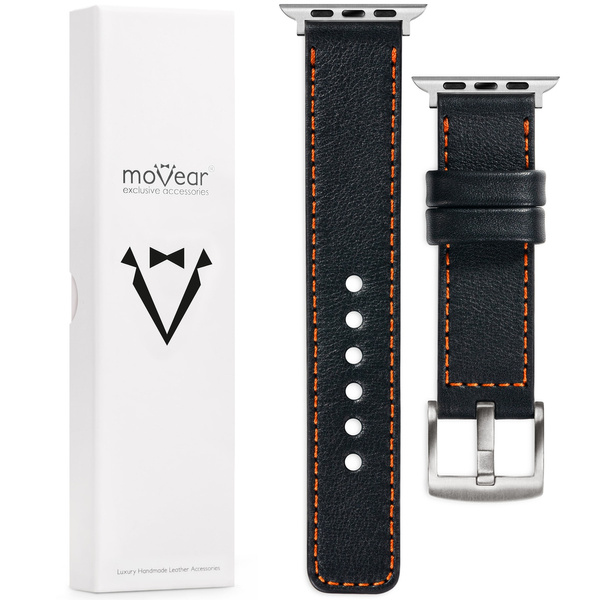 moVear Prestige C1 22mm Schwarz Lederarmband für Apple Watch 10 / 9 / 8 / 7 / 6 / 5 / 4 / SE (42/41/40mm) | Schwarz Nähte [Größen XS-XXL und Schnalle zur Auswahl]