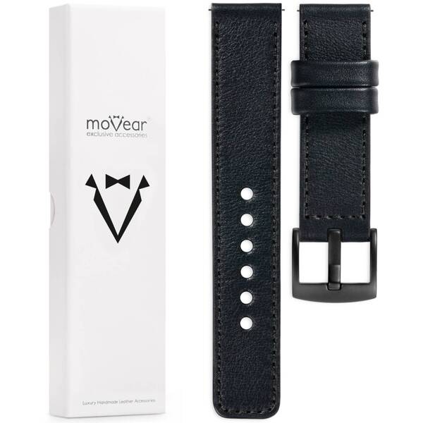 moVear Prestige C1 22mm Schwarz Lederarmband für Huawei Watch 4 3 2 1 - GT / Pro / Ultimate (48/46mm) | Schwarz Nähte [Größen XS-XXL und Schnalle zur Auswahl]