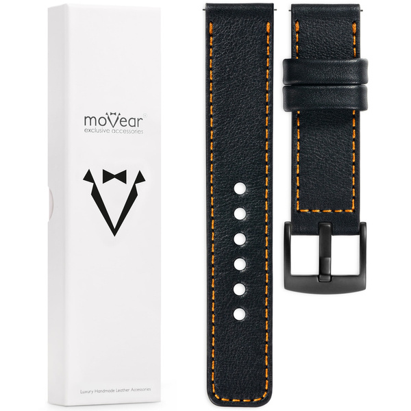 moVear Prestige C1 22mm Schwarz Lederarmband für Samsung Galaxy Watch 3 (45mm) / Watch (46mm) / Gear S3 | Schwarz Nähte [Größen XS-XXL und Schnalle zur Auswahl]