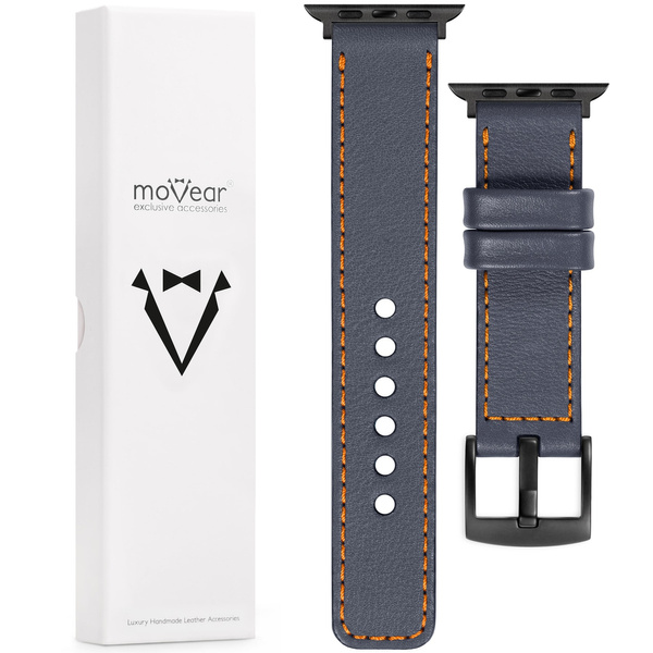 moVear Prestige C1 22mm Stahlgrau Lederarmband für Apple Watch 10 / 9 / 8 / 7 / 6 / 5 / 4 / SE (46/45/44mm) & Ultra (49mm) | Stahlgrau Nähte [Größen XS-XXL und Schnalle zur Auswahl]