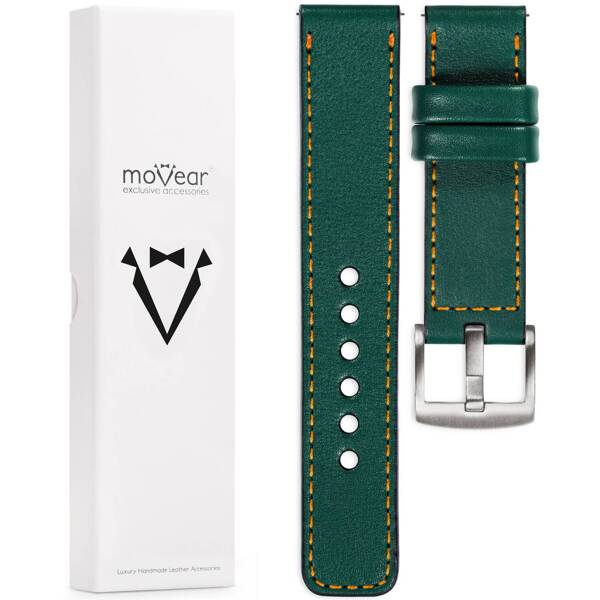 moVear Prestige C1 22mm Uhrenarmband aus Leder | Flaschengrün, Flaschengrün Nähte [Größen XS-XXL und Schnalle zur Auswahl]