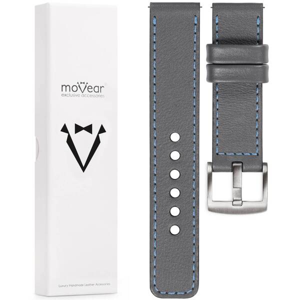 moVear Prestige C1 22mm Uhrenarmband aus Leder | Grau, Grau Nähte [Größen XS-XXL und Schnalle zur Auswahl]