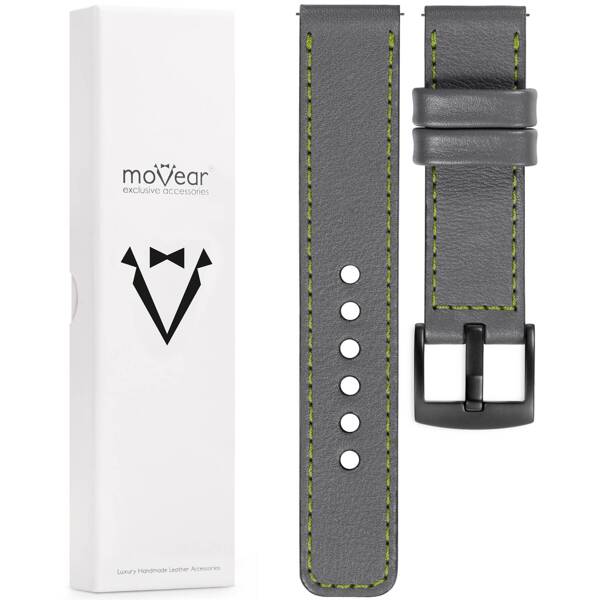 moVear Prestige C1 22mm Uhrenarmband aus Leder | Grau, Grau Nähte [Größen XS-XXL und Schnalle zur Auswahl]