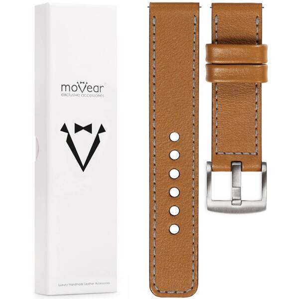 moVear Prestige C1 22mm Uhrenarmband aus Leder | Hellbraun, Hellbraun Nähte [Größen XS-XXL und Schnalle zur Auswahl]