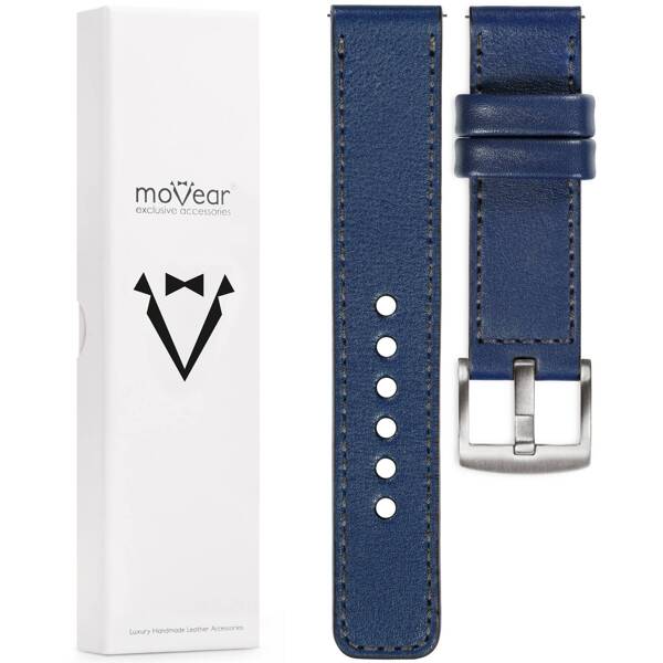 moVear Prestige C1 22mm Uhrenarmband aus Leder | Navy blau, Navy blau Nähte [Größen XS-XXL und Schnalle zur Auswahl]