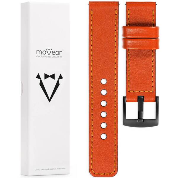 moVear Prestige C1 22mm Uhrenarmband aus Leder | Orange, Orange Nähte [Größen XS-XXL und Schnalle zur Auswahl]