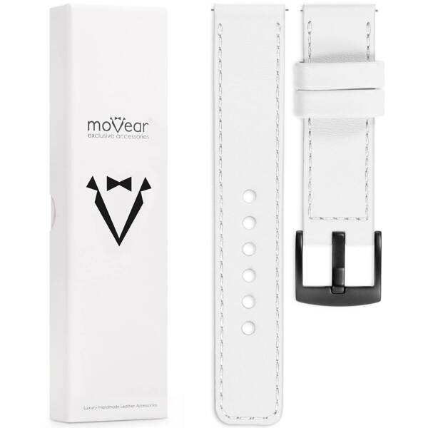 moVear Prestige C1 22mm Uhrenarmband aus Leder | Weiß, Weiß Nähte [Größen XS-XXL und Schnalle zur Auswahl]