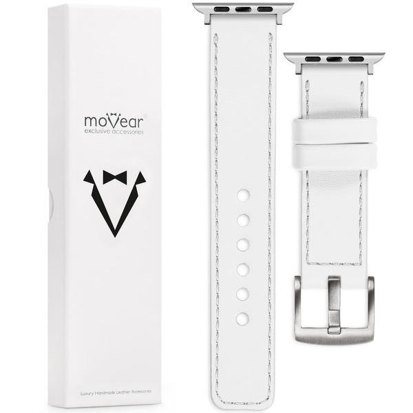 moVear Prestige C1 22mm Weiß Lederarmband für Apple Watch 10 / 9 / 8 / 7 / 6 / 5 / 4 / SE (42/41/40mm) | Weiß Nähte [Größen XS-XXL und Schnalle zur Auswahl]