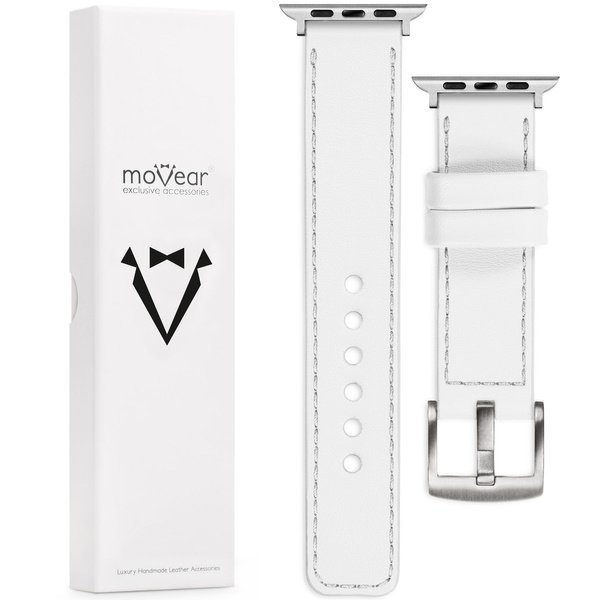 moVear Prestige C1 22mm Weiß Lederarmband für Apple Watch 9 / 8 / 7 / 6 / 5 / 4 / SE (41/40mm) | Weiß Nähte [Größen XS-XXL und Schnalle zur Auswahl]