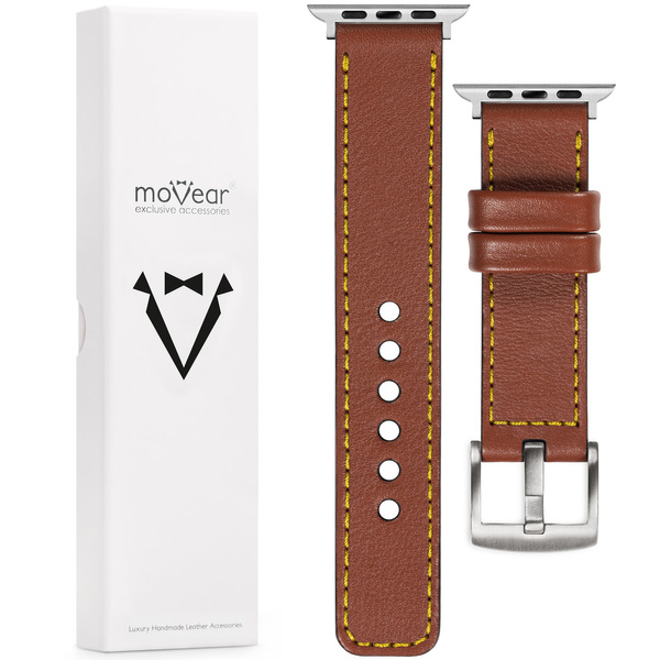 moVear Prestige C1 24mm Braun Lederarmband für Apple Watch 10 / 9 / 8 / 7 / 6 / 5 / 4 / SE (46/45/44mm) & Ultra (49mm) | Braun Nähte [Größen XS-XXL und Schnalle zur Auswahl]