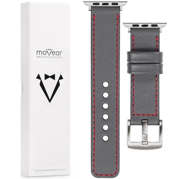 moVear Prestige C1 24mm Grau Lederarmband für Apple Watch 10 / 9 / 8 / 7 / 6 / 5 / 4 / SE (46/45/44mm) & Ultra (49mm) | Grau Nähte [Größen XS-XXL und Schnalle zur Auswahl]