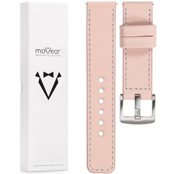 moVear Prestige C1 24mm Uhrenarmband aus Leder | Fleisch rosa, Fleisch rosa Nähte [Größen XS-XXL und Schnalle zur Auswahl]