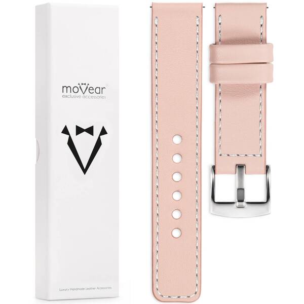 moVear Prestige C1 24mm Uhrenarmband aus Leder | Fleisch rosa, Fleisch rosa Nähte [Größen XS-XXL und Schnalle zur Auswahl]