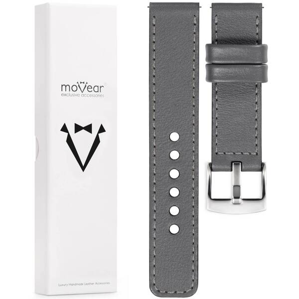 moVear Prestige C1 24mm Uhrenarmband aus Leder | Grau, Grau Nähte [Größen XS-XXL und Schnalle zur Auswahl]