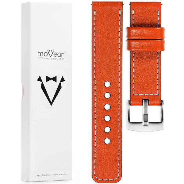 moVear Prestige C1 24mm Uhrenarmband aus Leder | Orange, Orange Nähte [Größen XS-XXL und Schnalle zur Auswahl]