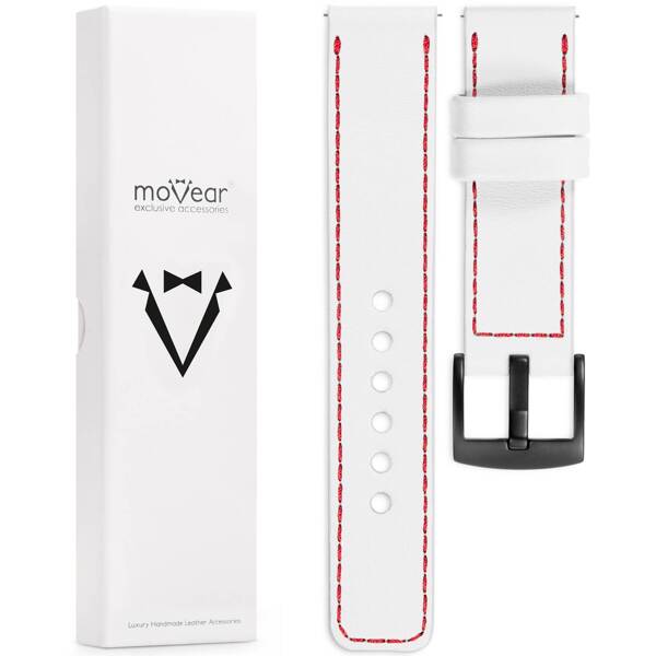 moVear Prestige C1 24mm Uhrenarmband aus Leder | Weiß, Weiß Nähte [Größen XS-XXL und Schnalle zur Auswahl]