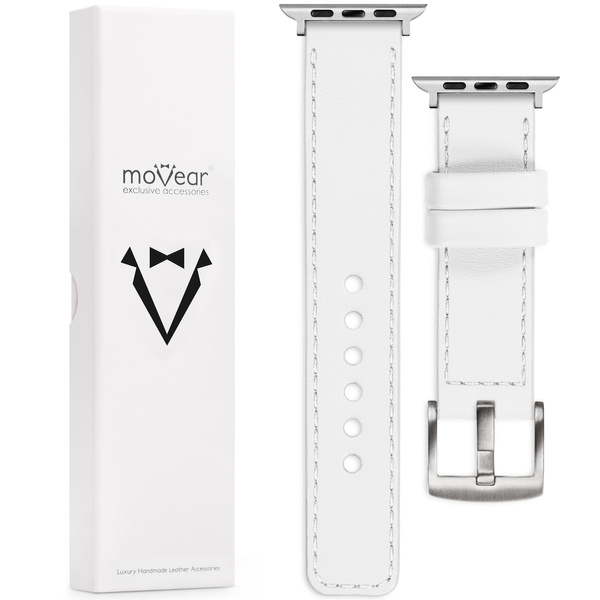 moVear Prestige C1 24mm Weiß Lederarmband für Apple Watch 10 / 9 / 8 / 7 / 6 / 5 / 4 / SE (46/45/44mm) & Ultra (49mm) | Weiß Nähte [Größen XS-XXL und Schnalle zur Auswahl]