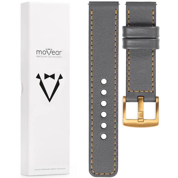 moVear Prestige C1 26mm Uhrenarmband aus Leder | Grau, Grau Nähte [Größen XS-XXL und Schnalle zur Auswahl]