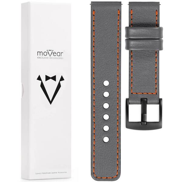 moVear Prestige C1 26mm Uhrenarmband aus Leder | Grau, Grau Nähte [Größen XS-XXL und Schnalle zur Auswahl]