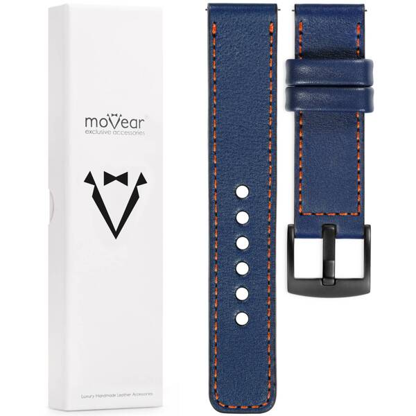 moVear Prestige C1 26mm Uhrenarmband aus Leder | Navy blau, Navy blau Nähte [Größen XS-XXL und Schnalle zur Auswahl]