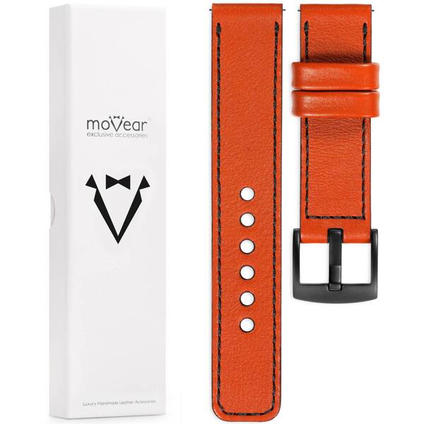 moVear Prestige C1 26mm Uhrenarmband aus Leder | Orange, Orange Nähte [Größen XS-XXL und Schnalle zur Auswahl]