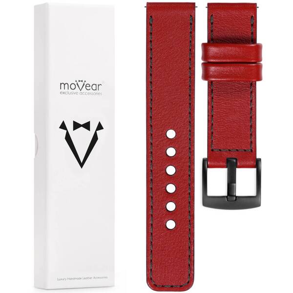 moVear Prestige C1 26mm Uhrenarmband aus Leder | Scharlachrot, Scharlachrot Nähte [Größen XS-XXL und Schnalle zur Auswahl]
