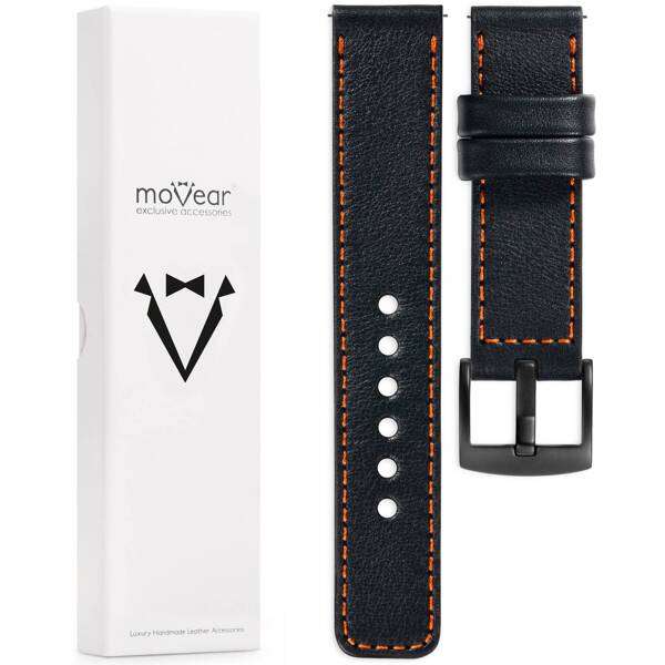 moVear Prestige C1 26mm Uhrenarmband aus Leder | Schwarz, Schwarz Nähte [Größen XS-XXL und Schnalle zur Auswahl]