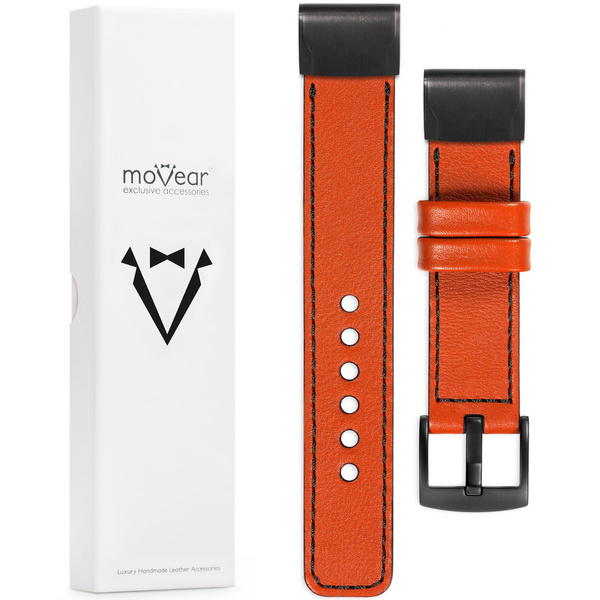 moVear Prestige C1 Lederarmband für Garmin QuickFit 26mm (Fenix / Epix / Quatix / Tactix / Enduro - 51mm) Orange, Orange Nähte [Größen XS-XXL und Schnalle zur Auswahl]