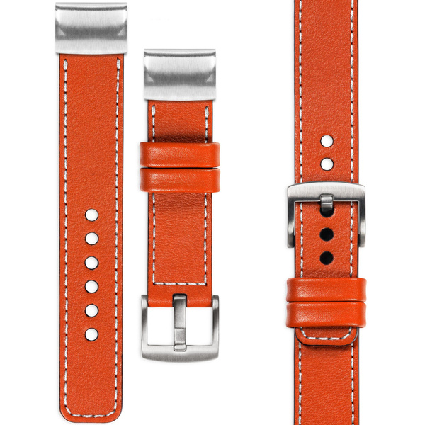 moVear Prestige C1 Lederarmband für Garmin QuickFit 26mm (Fenix / Epix / Quatix / Tactix / Enduro - 51mm) Orange, Orange Nähte [Größen XS-XXL und Schnalle zur Auswahl]