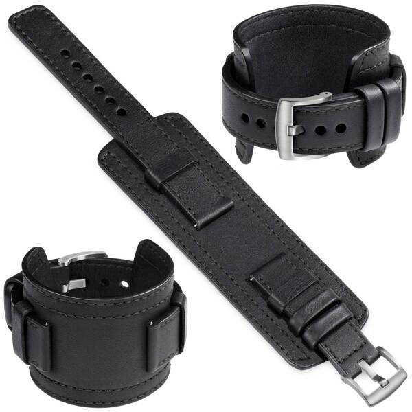 moVear Prestige CW1 21mm Breites Lederarmband mit Polster | Schwarz, Schwarz Nähte [Größen XS-XXL und Schnalle zur Auswahl]