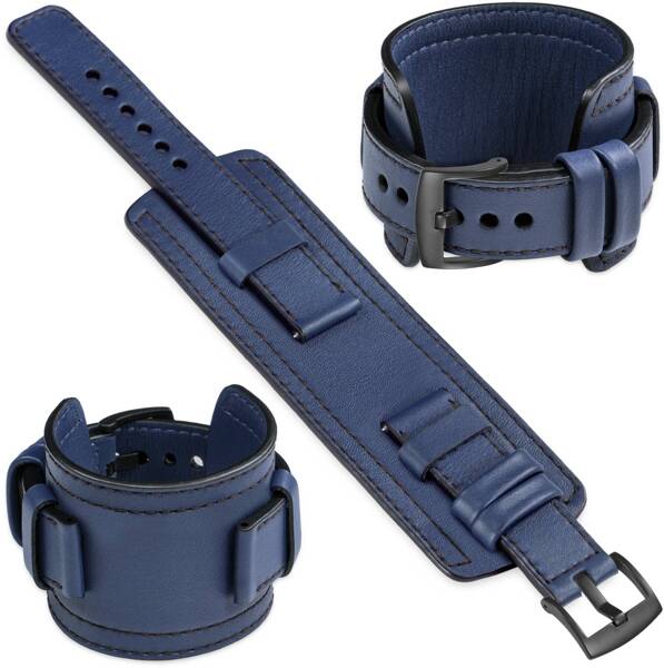 moVear Prestige CW1 22mm Breites Lederarmband mit Polster | Navy blau, Navy blau Nähte [Größen XS-XXL und Schnalle zur Auswahl]