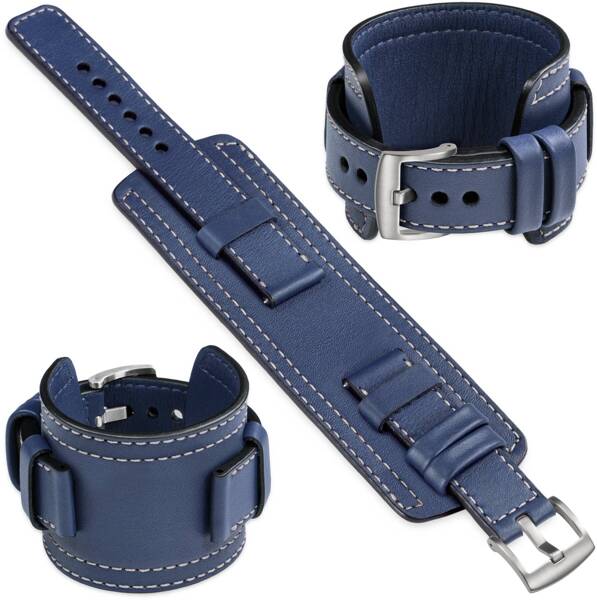 moVear Prestige CW1 22mm Breites Lederarmband mit Polster | Navy blau, Navy blau Nähte [Größen XS-XXL und Schnalle zur Auswahl]