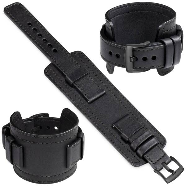 moVear Prestige CW1 26mm Breites Lederarmband mit Polster | Schwarz, Schwarz Nähte [Größen XS-XXL und Schnalle zur Auswahl]