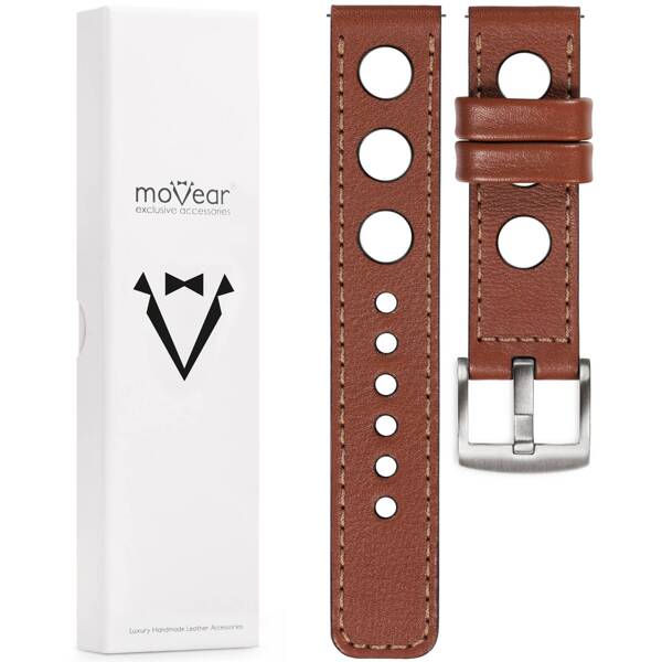 moVear Prestige R1 18mm Uhrenarmband aus Leder | Braun, Braun Nähte [Größen XS-XXL und Schnalle zur Auswahl]