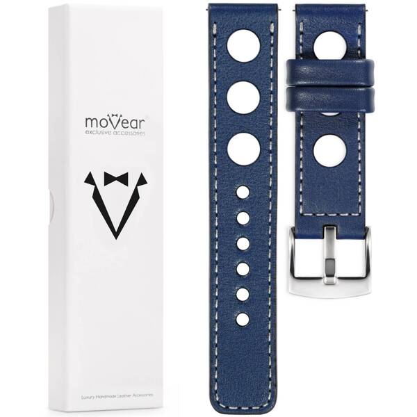 moVear Prestige R1 18mm Uhrenarmband aus Leder | Navy blau, Navy blau Nähte [Größen XS-XXL und Schnalle zur Auswahl]