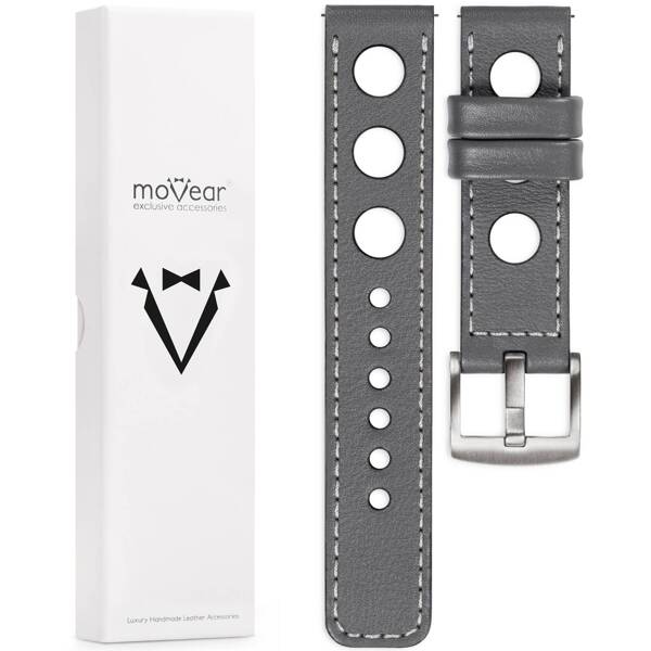 moVear Prestige R1 20mm Grau Lederarmband für Samsung Galaxy Watch 7 / 6 / 5 / 4 / 3 & Pro / FE / Classic / Active | Grau Nähte [Größen XS-XXL und Schnalle zur Auswahl]