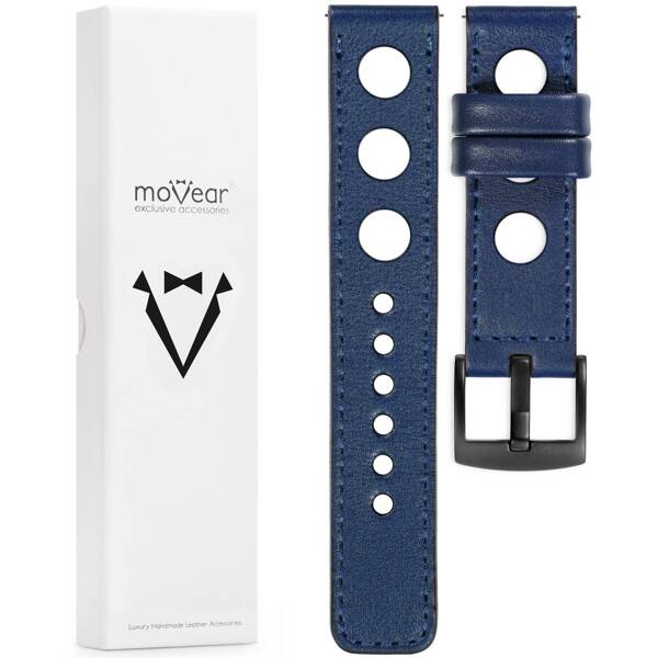 moVear Prestige R1 20mm Navy blau Lederarmband für Samsung Galaxy Watch 7 / 6 / 5 / 4 / 3 & Pro / FE / Classic / Active | Navy blau Nähte [Größen XS-XXL und Schnalle zur Auswahl]