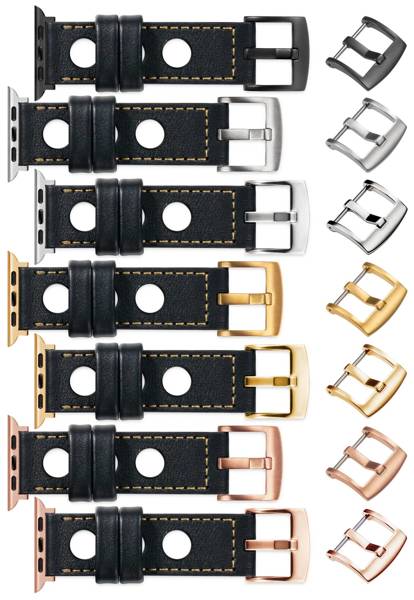 moVear Prestige R1 20mm Schwarz Lederarmband für Apple Watch 8 / 7 / 6 / 5 / 4 / SE (41/40mm) | Schwarz Nähte [Größe und Schnalle zur Auswahl]