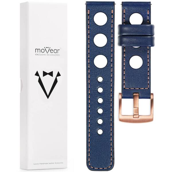 moVear Prestige R1 20mm Uhrenarmband aus Leder | Navy blau, Navy blau Nähte [Größen XS-XXL und Schnalle zur Auswahl]