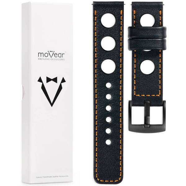 moVear Prestige R1 20mm Uhrenarmband aus Leder | Schwarz, Schwarz Nähte [Größen XS-XXL und Schnalle zur Auswahl]