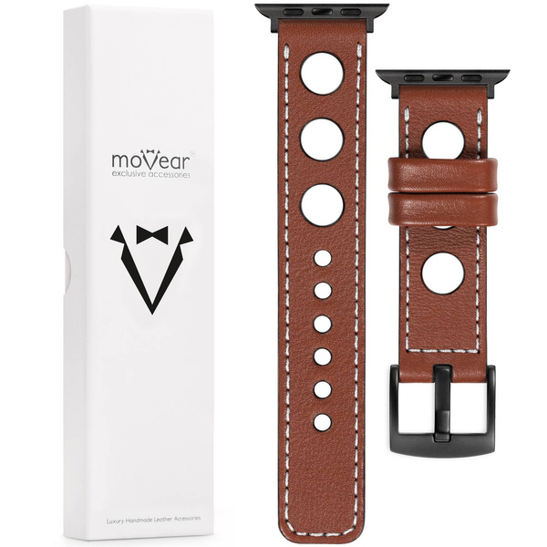 moVear Prestige R1 22mm Braun Lederarmband für Apple Watch 10 / 9 / 8 / 7 / 6 / 5 / 4 / SE (46/45/44mm) & Ultra (49mm) | Braun Nähte [Größen XS-XXL und Schnalle zur Auswahl]