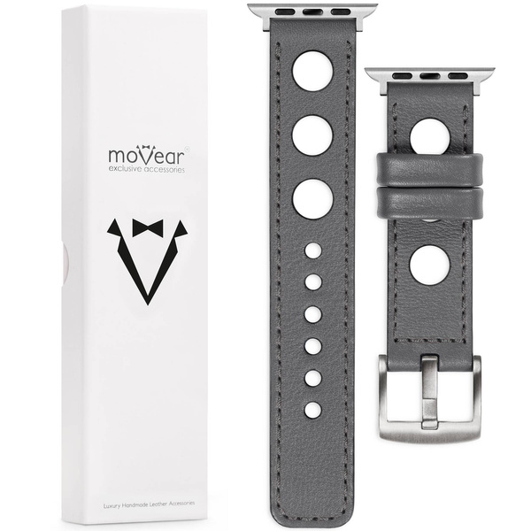 moVear Prestige R1 22mm Grau Lederarmband für Apple Watch 10 / 9 / 8 / 7 / 6 / 5 / 4 / SE (42/41/40mm) | Grau Nähte [Größen XS-XXL und Schnalle zur Auswahl]