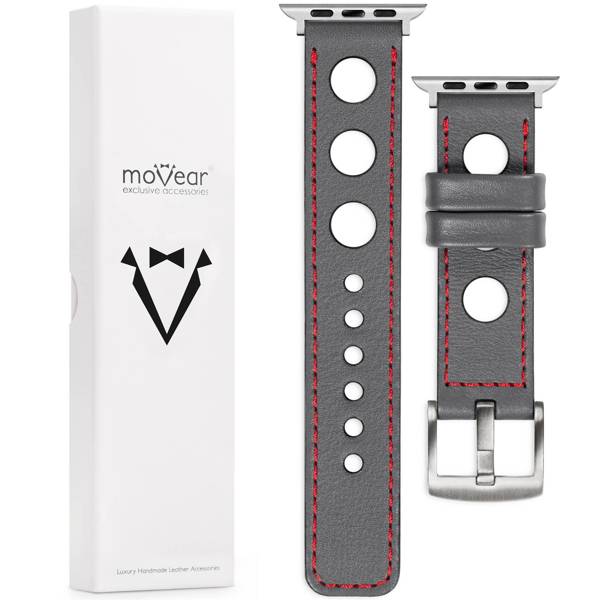 moVear Prestige R1 22mm Grau Lederarmband für Apple Watch 10 / 9 / 8 / 7 / 6 / 5 / 4 / SE (46/45/44mm) & Ultra (49mm) | Grau Nähte [Größen XS-XXL und Schnalle zur Auswahl]